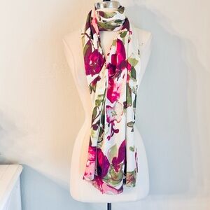 Liz Claiborne Lightweight Rayon Fringe Trim Abstract Floral Scarf Ivory Pink Grn